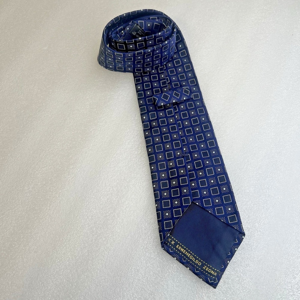 Ermenegildo Zegna Tie Mens Silk Navy Blue Pattern Italy Necktie Geometric